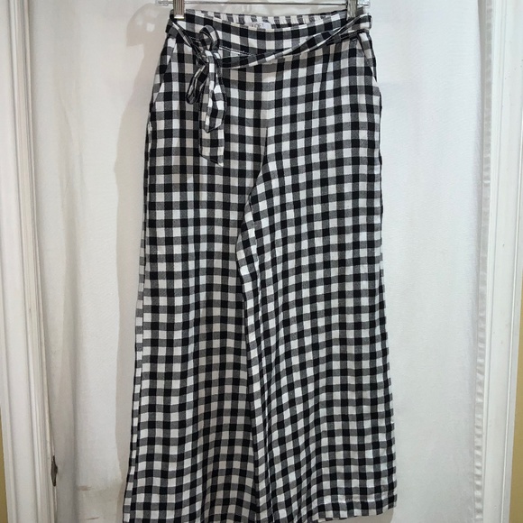 Loft linen blend buffalo check wide leg pants Sz XS flat front self tie New - Picture 1 of 11